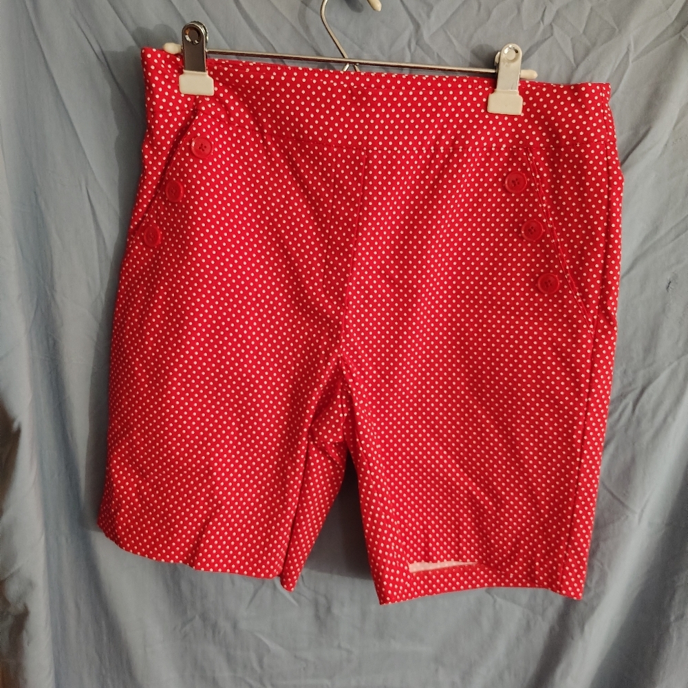 Kate Park Red Polka Dot Shorts Women's Plus Size 1X Nautical Button Detail Rayon